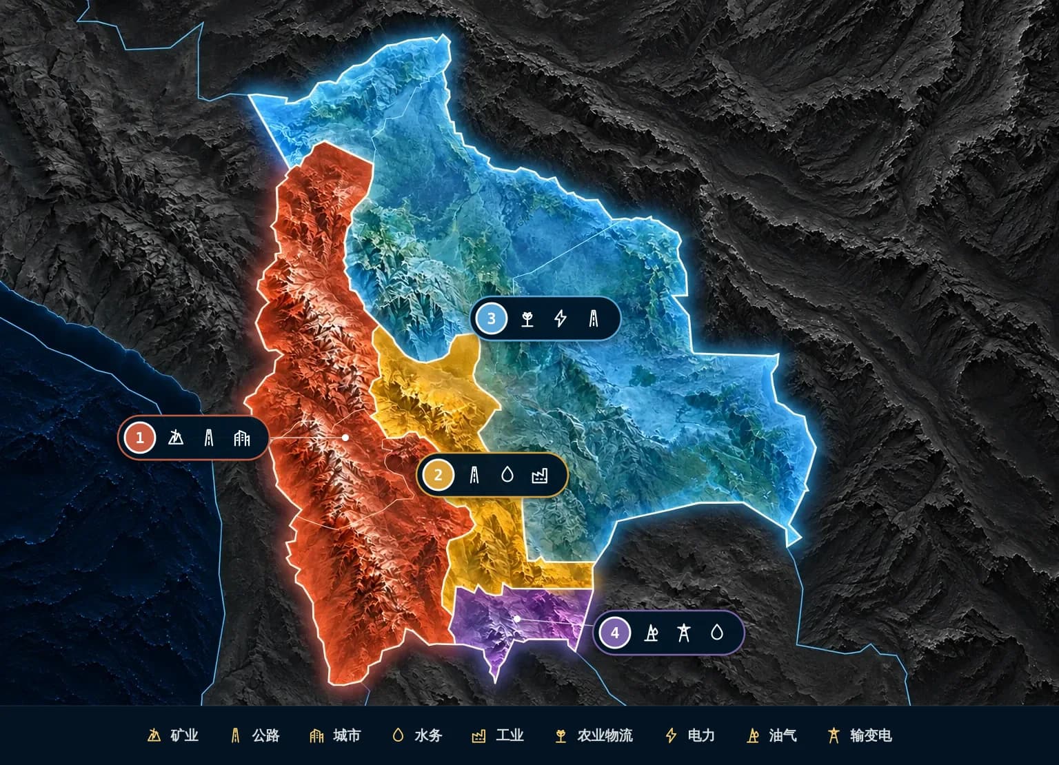 玻利维亚重点区域地图，按省级行政区着色：1 西部高原矿业与都市带、2 中部谷地交通与灌溉带、3 东部低地农业与能源带、4 南部天然气与能源区