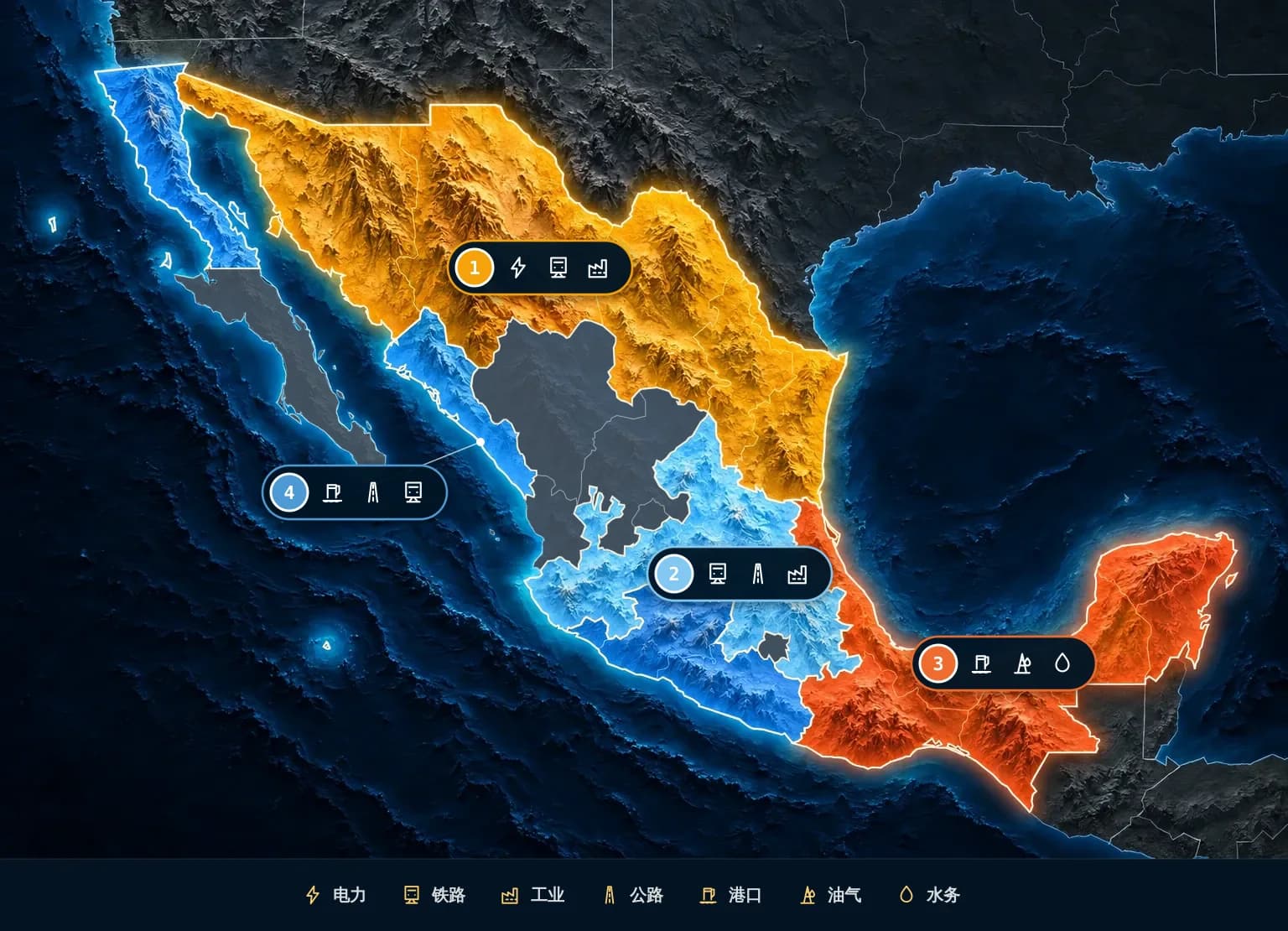 墨西哥重点区域地图，按省级行政区着色：1 北部边境与制造业带、2 中部与Bajío工业带、3 墨西哥湾与东南部、4 太平洋港口与物流走廊