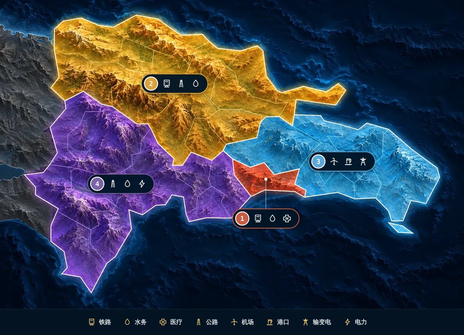 多米尼加重点区域地图,按省级行政区着色:1 Ozama都市区、2 Cibao北部与西北部、3 东部旅游与产业走廊、4 南部与边境发展带