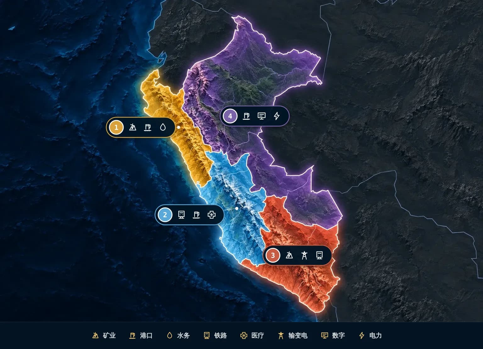 秘鲁重点区域地图,按省级行政区着色:1 北部资源与物流带、2 Lima—Callao与中部枢纽、3 南部矿业能源走廊、4 亚马孙与东部连接区